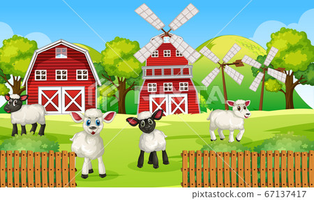 Farm scene in nature with barn and windmill and 67137417