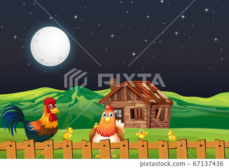 Farm scene with barn and windmill and chicken at Farm scene with barn and windmill and chicken at 67137436