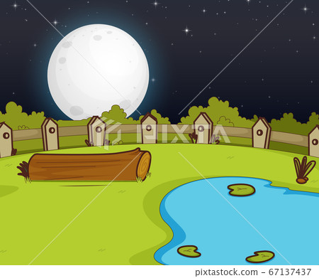 Farm scene with swamp and big moon at night Farm scene with swamp and big moon at night 67137437