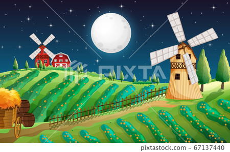 Farm scene with barn and mill at night Farm scene with barn and mill at night 67137440