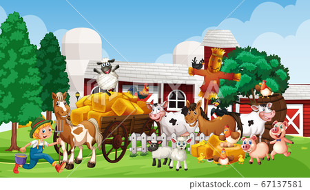 Farm in nature scene with horse drawn vehical and Farm in nature scene with horse drawn vehical and 67137581