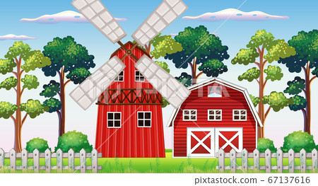 Farm scene in nature with barn and windmill Farm scene in nature with barn and windmill 67137616