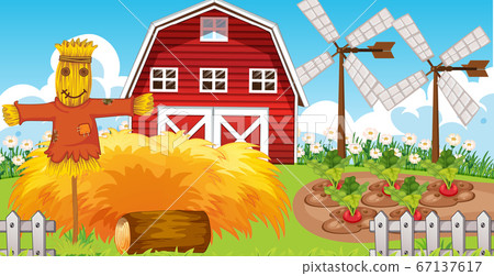 Farm scene in nature with barn and windmill and 67137617