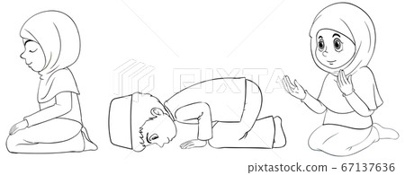 Set of different praying position arab muslim girl 67137636