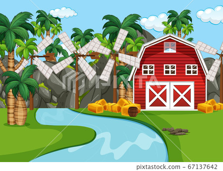 Farm in nature scene with barn and windmill and 67137642
