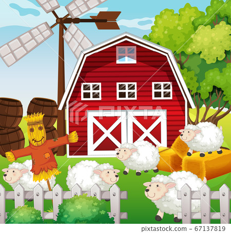 Farm scene in nature with barn and scarecrow and Farm scene in nature with barn and scarecrow and 67137819