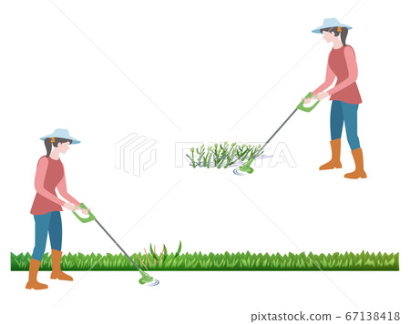 Kitchen garden-woman cutting weeds with electric lawn mower 67138418