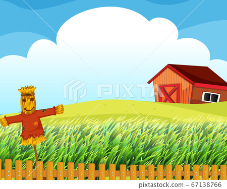 Farm scene in nature with barn and scarecrow 67138766