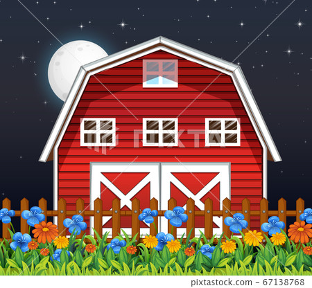 Farm barn and flowers at night scene Farm barn and flowers at night scene 67138768