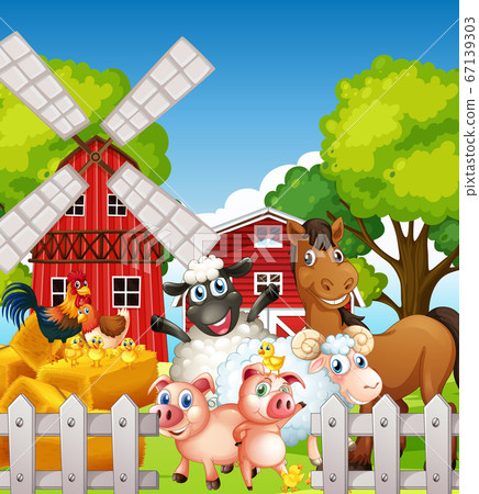 Farm scene in nature with barn and windmill and Farm scene in nature with barn and windmill and 67139303