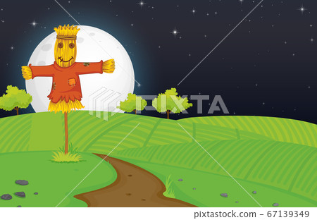 Farm scene with scarerow and big moon at night Farm scene with scarerow and big moon at night 67139349