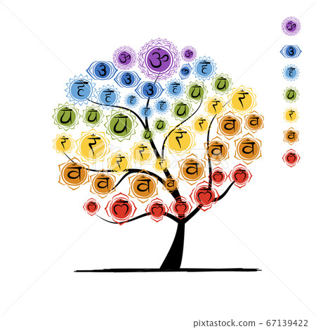Yoga tree with chakras, sketch foy your design 67139422
