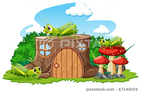 Stump house with grasshoper cartoon style on white 67140059