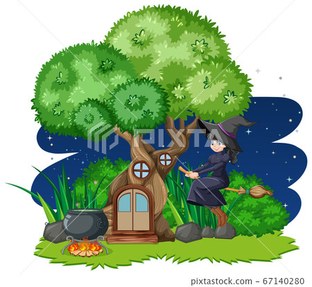 Witch riding broomstick beside tree house cartoon Witch riding broomstick beside tree house cartoon 67140280