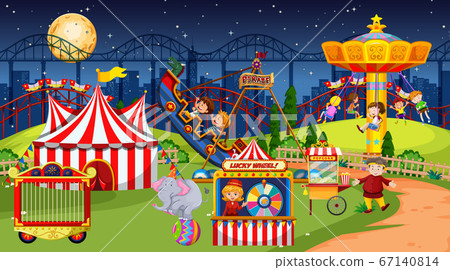 Amusement park scene at night with moon in the sky - Stock Illustration ...