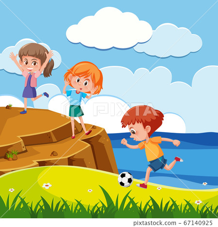 Scene with many kids playing in the park 67140925