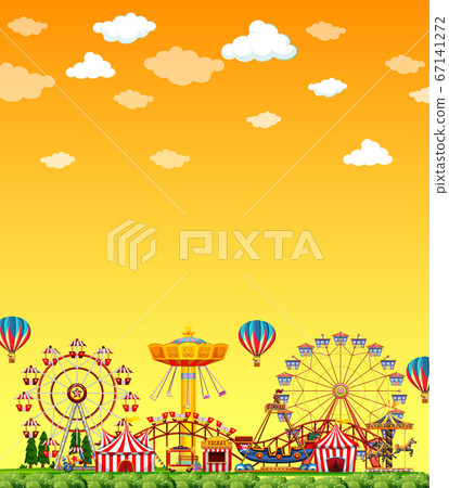 Amusement park scene at daytime with blank yellow - Stock Illustration ...