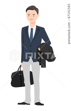 一個穿著西裝的男人拿著一件夾克和一個波士頓包的插圖。 67141565