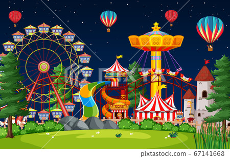 Amusement park scene at night with balloons in the Amusement park scene at night with balloons in the 67141668