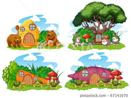 Set of fantasy houses in the garden with cute Set of fantasy houses in the garden with cute 67141670