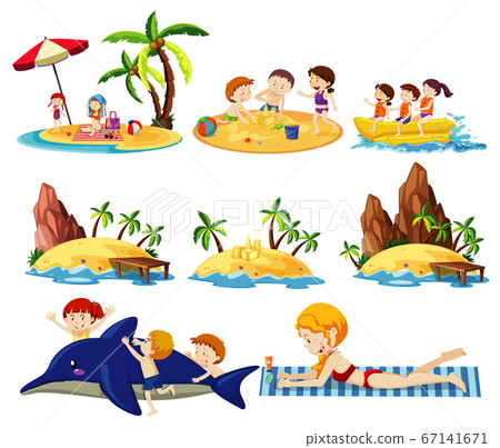 Set of summer beach land and icon cartoon style on Set of summer beach land and icon cartoon style on 67141671