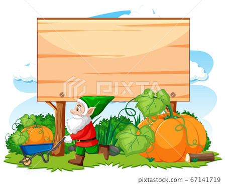 Gnome havest pumpkin with blank banner cartoon 67141719