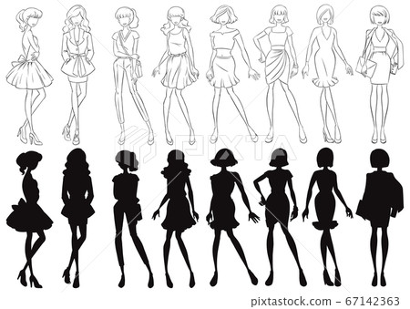 Set of female sketch and silhouette Set of female sketch and silhouette 67142363