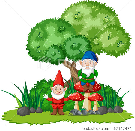 Gnome standing on mushroom in the gardenon white 67142474