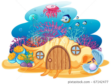 Shell House And Sealife In Underwater Cartoon 插圖素材 圖庫