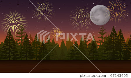 Forest with celebration fireworks scene Forest with celebration fireworks scene 67143405