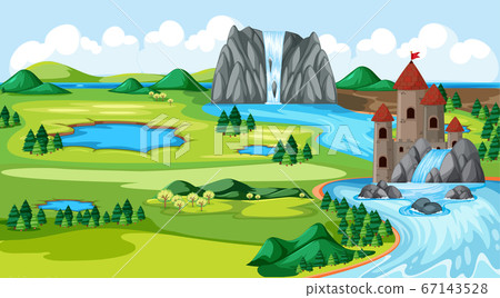 Castles and nature park with water fall river side 67143528