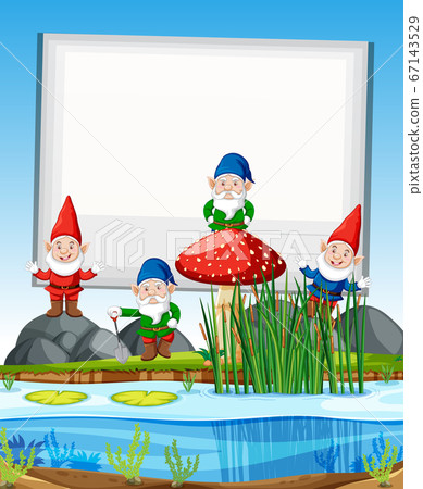 Gnomes group standing beside swamp with blank 67143529