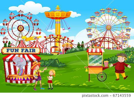 Amusement park with circus and popcorn cart theme - Stock Illustration ...