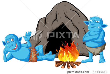 Goblins or trolls with cave house and camp fire in Goblins or trolls with cave house and camp fire in 67143612