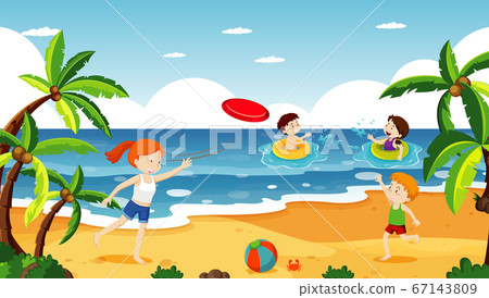 Ocean scene with people having fun on the beach 67143809