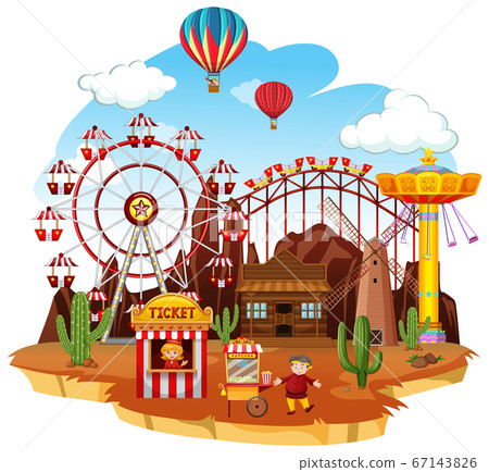 Themepark scene with many rides and balloons 67143826