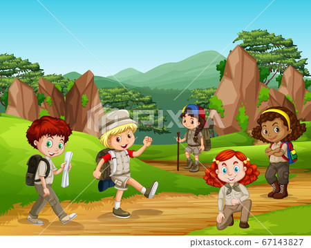 Scene with many children in the park 67143827