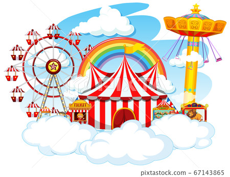 Themepark scene with many rides on clouds 67143865