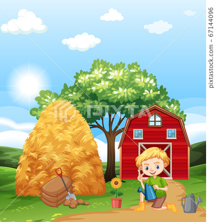 Farm scene with boy planting flower on the farm Farm scene with boy planting flower on the farm 67144096