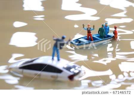 Diorama of flooded towns and people seeking help 67146572