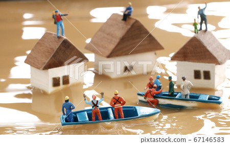 Diorama of flooded towns and people seeking help 67146583