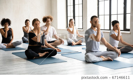 Motivated focused multiracial people practicing Alternate Nostril Breathing. Motivated focused multiracial people practicing Alternate Nostril Breathing. 67146611