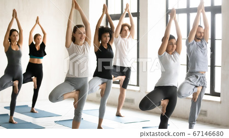 Group of young mixed race people standing in tree pose. 67146680