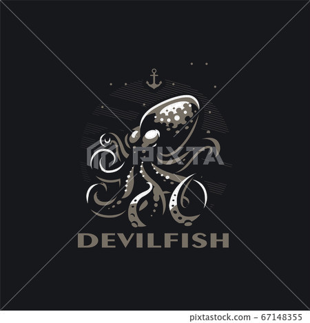 Stylized octopus with tentacles in the sea.  67148355