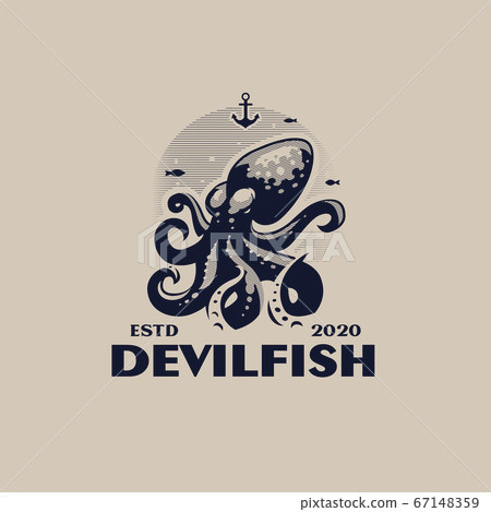 Stylized octopus with tentacles in the sea.  67148359