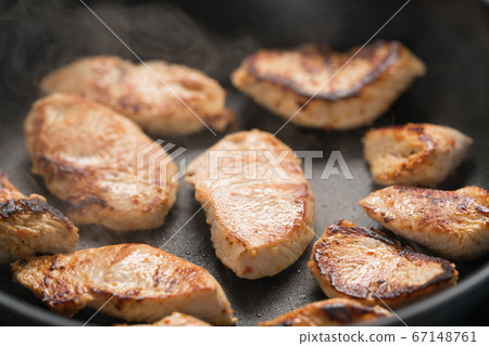 fying turkey fillet slices on nonstick pan 67148761