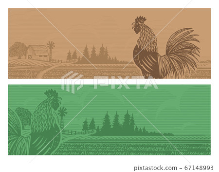 Rural landscape with barn and rooster in woodcutting style. Vector Rural landscape with barn and rooster in woodcutting style. Vector 67148993
