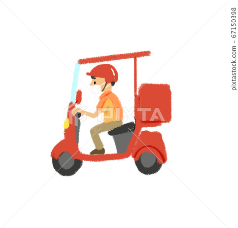 Services provided by restaurants: Men riding a delivery bike (with mask) Services provided by restaurants: Men riding a delivery bike (with mask) 67150398