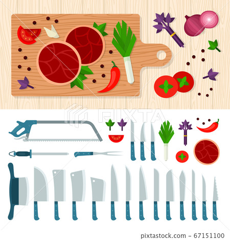Meat cutting knives set. Cooking juicy beef steak. Grilled ribeye beef steak, herbs and spices. Meat Knife. Set of butcher meat knives for butcher shop vector illustration in a flat design. Meat cutting knives set. Cooking juicy beef steak. Grilled ribeye beef steak, herbs and spices. Meat Knife. Set of butcher meat knives for butcher shop vector illustration in a flat design. 67151100