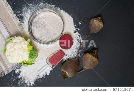 gluten free flour potato flour, cauliflower flour, beetroot flour with top view gluten free flour potato flour, cauliflower flour, beetroot flour with top view 67151867
